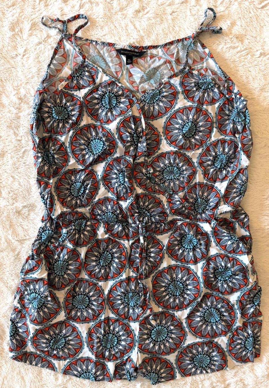 Banana Republic Factory Romper Womens XL Blue Orange Medallion Print Pockets